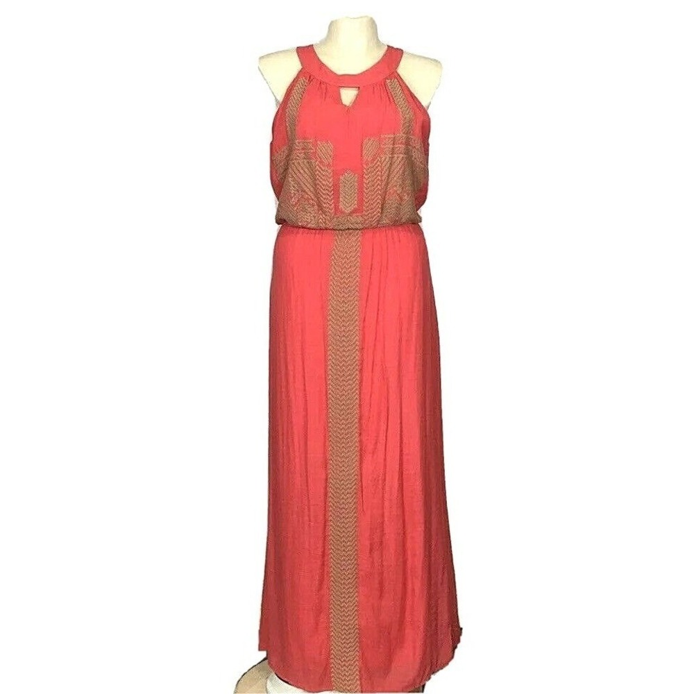 LUXOLOGY Maxi Dress XL Coral Tan Embroider Chevron‎ Keyhole Lined Stretch LN